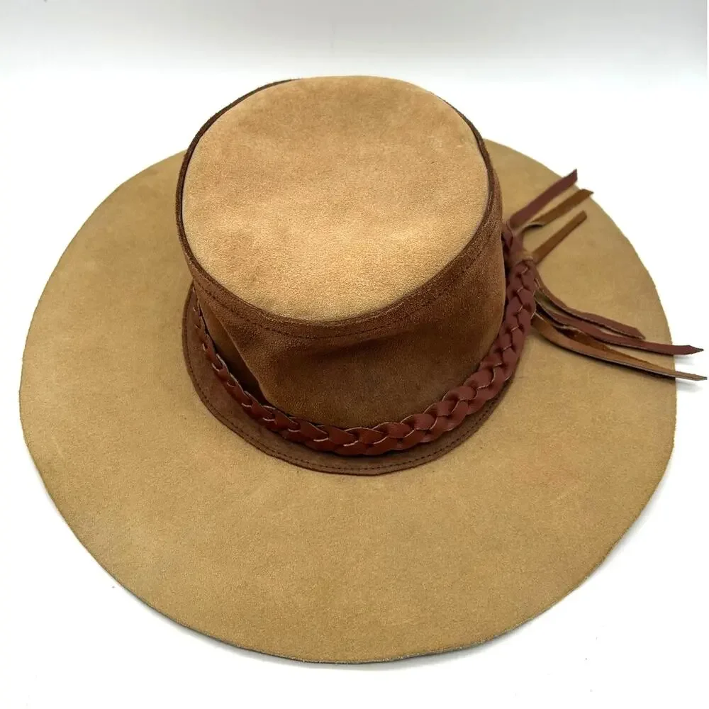 Vintage Tan Suede Wide Brim Bolero Hat Braided Leather Band Size 6 3/8 51cm - Picture 2 of 10